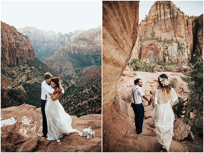 Couple hiking to elope in Zion