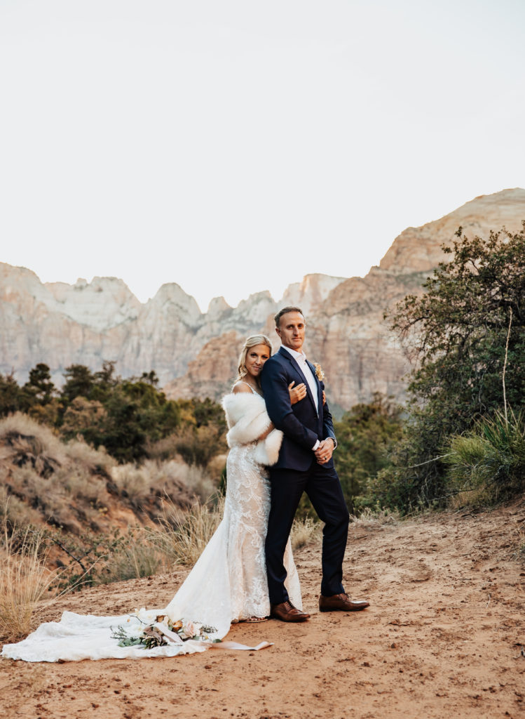 bride and groom portrait in zion national park
